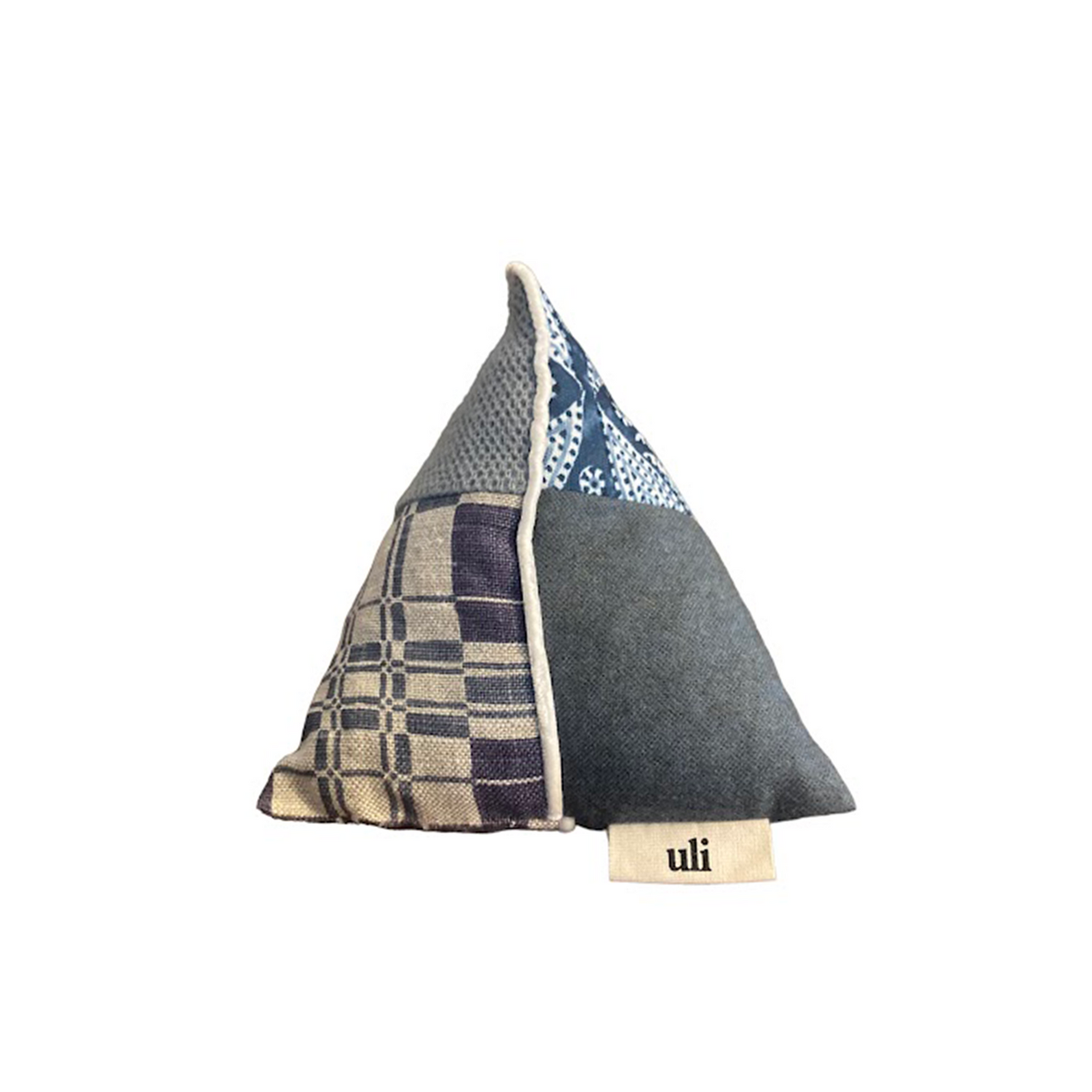 Le Ginette - Coussin triangulaire bleu et gris à motifs
